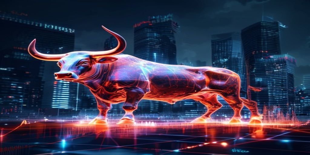 A glowing, digital hologram of a bull standing on a neon data grid with a futuristic city skyline in the background