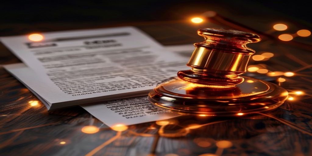 A wooden judge's gavel resting on a dark surface next to a stack of papers, surrounded by warm, glowing bokeh lights.