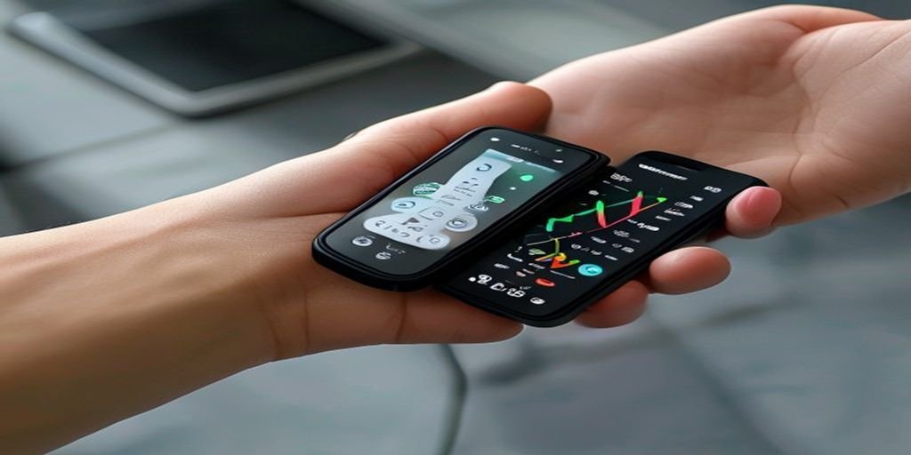 Two hands holding two small, black smart devices displaying data graphs and metrics.