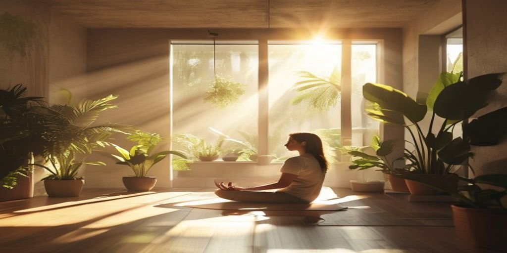 A woman meditating on a mat in a sunlit room surrounded by large indoor potted plants