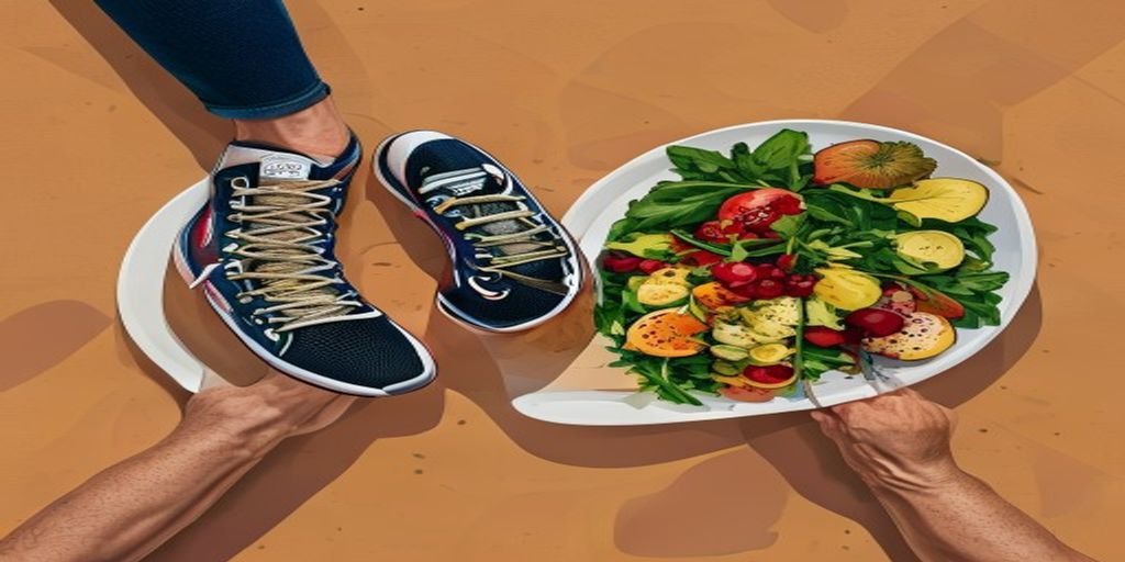 An overhead illustration of a pair of blue running shoes and a white plate filled with a fresh green salad