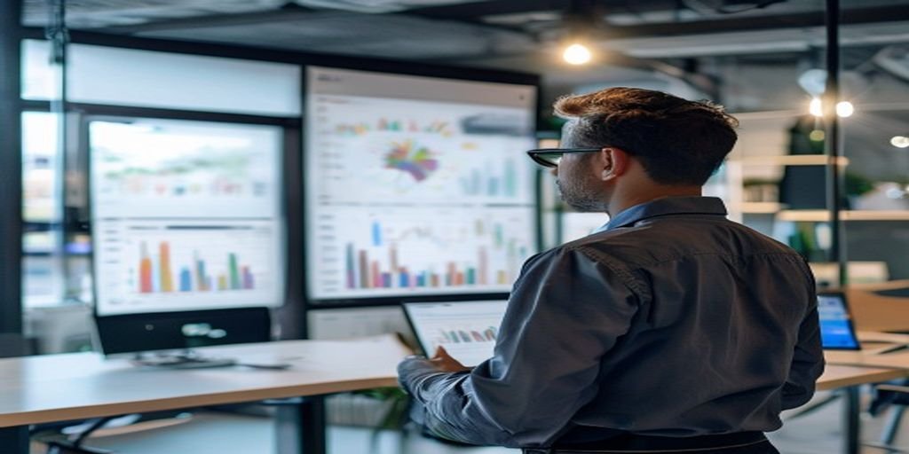A man in a professional office setting viewed from behind, looking at large wall-mounted screens displaying various data charts and analytics