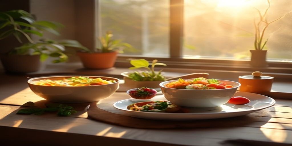 Two white bowls of healthy, colorful food on a wooden table, bathed in warm morning sunlight streaming through a window with potted plants