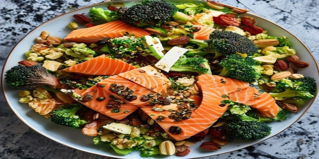 A close-up view of a healthy salad bowl containing slices of salmon, broccoli florets, and mixed nuts