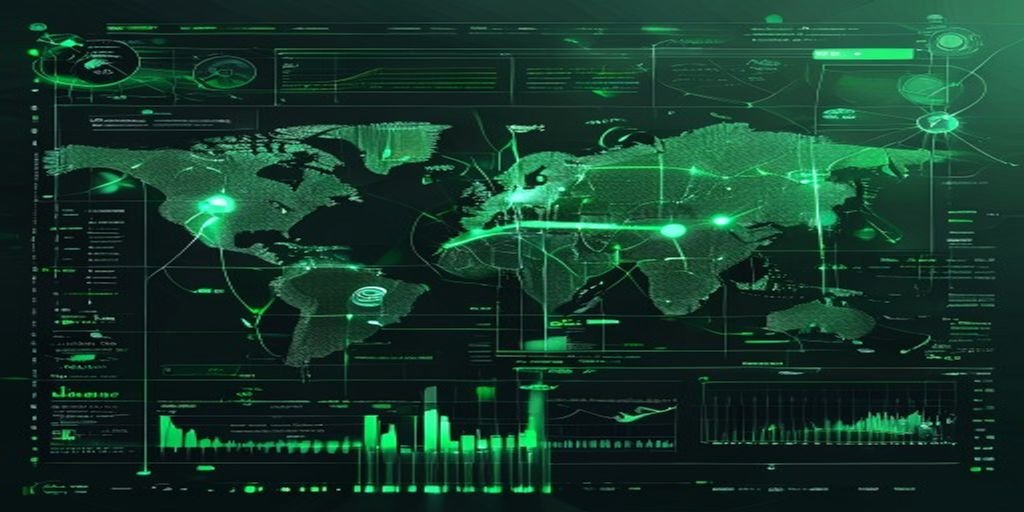 A digital world map interface glowing in green, featuring various data charts, bar graphs, and interconnected network nodes