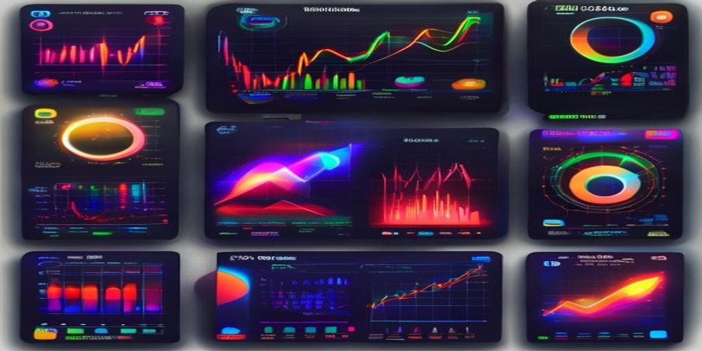 A grid of nine digital screens displaying various colorful financial charts, graphs, and circular data metrics in a dark, glowing theme