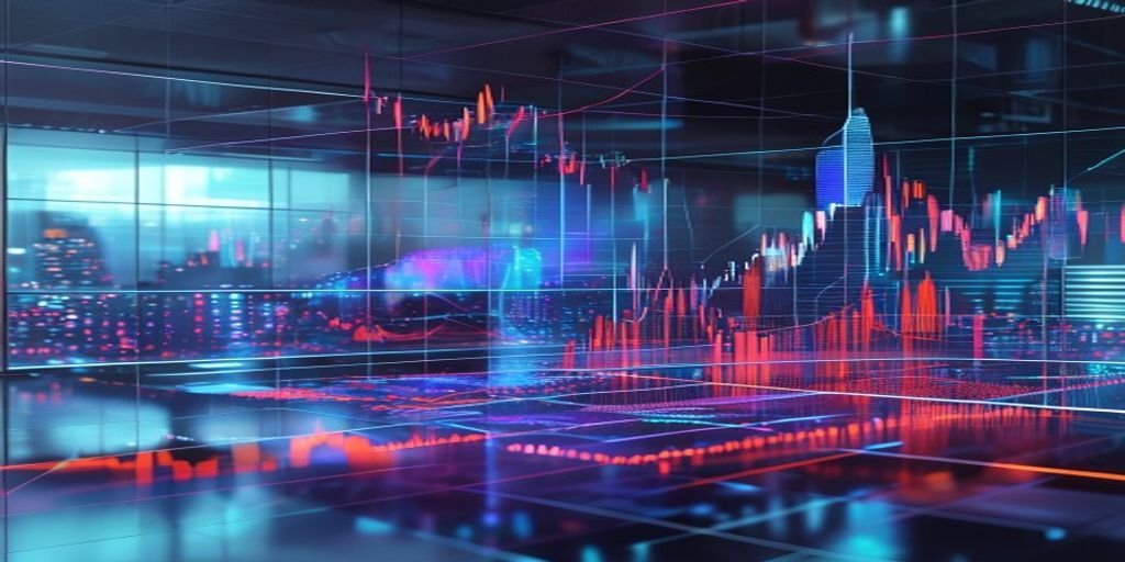 Futuristic holographic stock market graphs glowing in neon red and blue inside a modern, dark office space