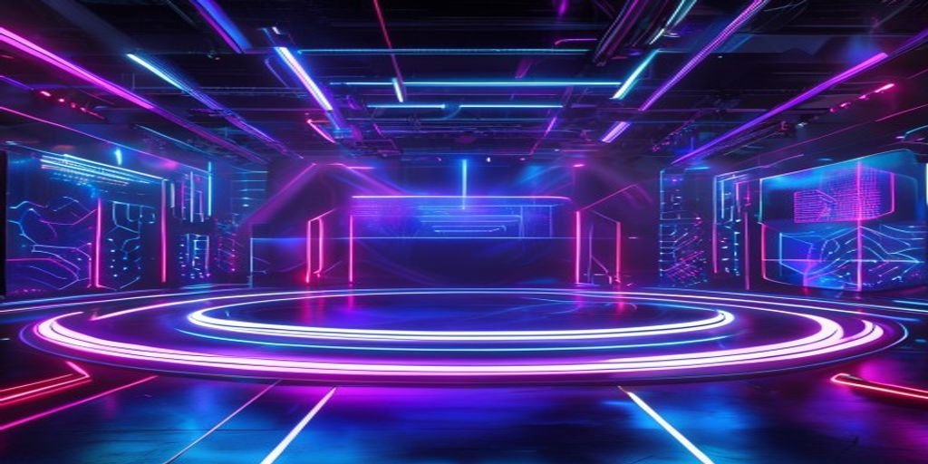 Neon-lit stage with holographic displays.