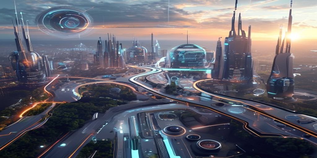 Futuristic cityscape with advanced technology.