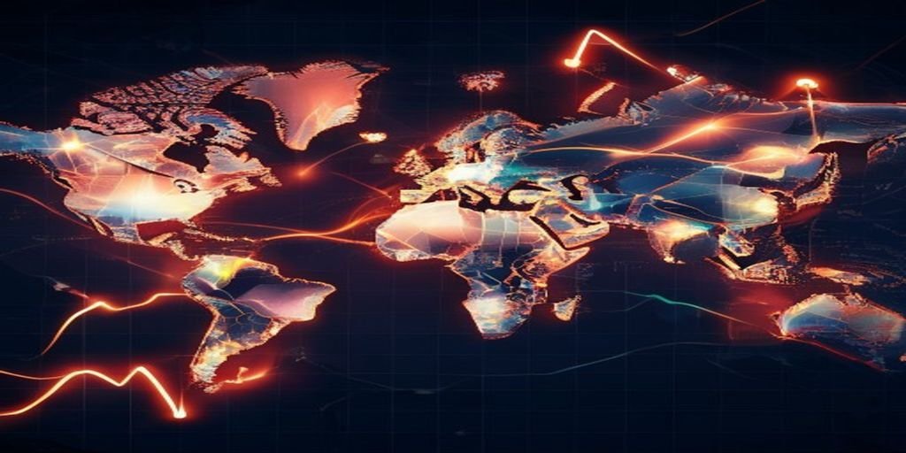 A dark world map with glowing orange and red lines representing global trade routes and rising economic graphs