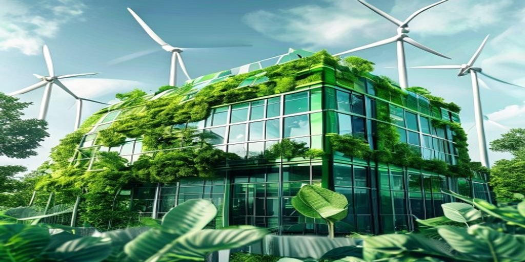 A modern glass building covered in lush green plants, surrounded by large white wind turbines under a bright blue sky