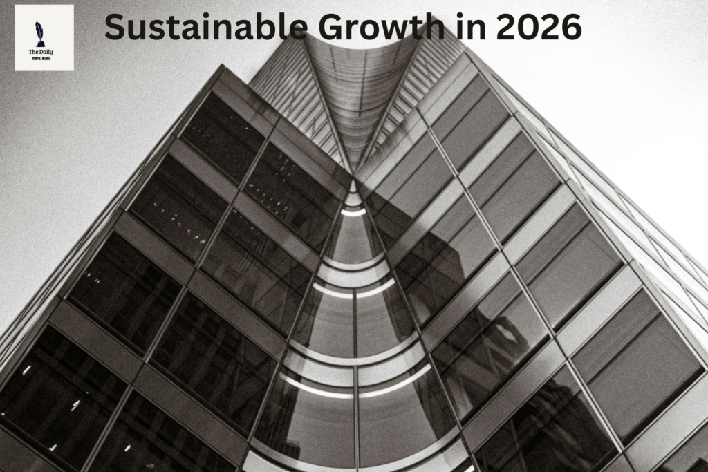 Sleek tablet on a dark marble table with a modern corporate building view, representing sustainable business growth in 2026.